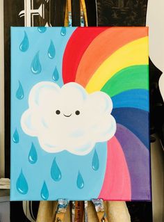 a painting of a cloud with a rainbow in the background and water droplets on it