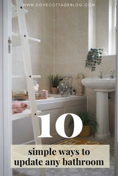 Simple bathroom diys Bathroom On A Budget Ideas, How To Modernize Old Bathroom, How To Decorate Old Bathroom, Cream Small Bathroom Ideas, Brighten Up A Bathroom, Guest Bath Update, Adding Color To White Bathroom, Old Beige Tile Bathroom Ideas, Update Tuscan Bathroom