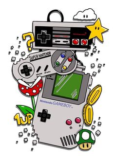 an old nintendo gameboy surrounded by video games and other objects in the background with stars