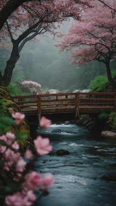 a small bridge over a river with pink flowers on the trees and in the water