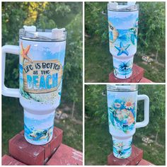 three pictures of the same tumbler on top of each other, one with an ocean theme