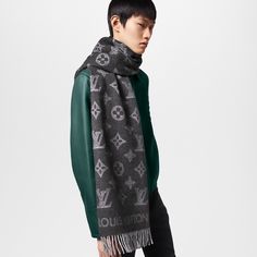 LOUIS VUITTON® - Monogram Shadow Scarf - Grey Louis Vuitton Shawl Pearl Grey, Louis Vuitton Official Website, Monogram Pattern, Louis Vuitton Official, Jacquard Weave, Elegant Accessories, Leather Goods, Louis Vuitton Monogram, Scarf Accessory