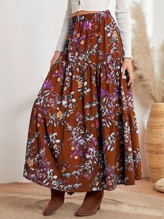 Women's Casual Floral Print Elastic Waist Skirt, Autumn Rust Brown Boho   Fabric Floral,Plants,All Over Print Layered/Tiered Non-Stretch Spring/Summer/Fall Women Clothing, size features are:Bust: ,Length: ,Sleeve Length: Boho Fabric, Elastic Waist Skirt, Women Skirts, Retro Women, Fabric Floral, Inspiration Mode, Bra Women, Primavera Estate, Women's Casual