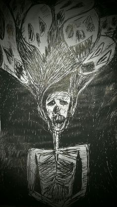 a black and white drawing of a person with an evil face