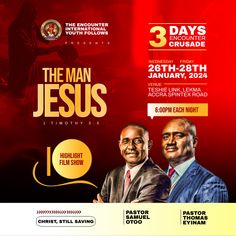 the man jesus flyer with two men standing next to each other in front of a red background