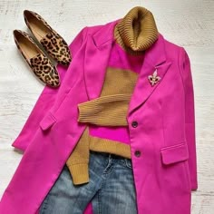 Work Outfit Jeans Winter, What Colors Go With Hot Pink, Fuchsia Shoes Outfit, Leopard Print And Pink Outfit, Fall Pink Outfit, Magenta Outfit Ideas, Pink Loafers Outfit, Pink Jacket Outfit, Pink Shoes Outfit