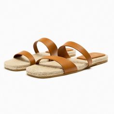 Zara Low-Heeled Strappy Leather Sandals. Details: Flat Sandals With Leather Straps. Jute Soles. Squared Toe. Sole Height 0.4" (1cm) Color:Brown 1624/210 Upper:Leather Lining:100% Polyurethane Sole:Rubber Insole:80% Jute 20% Leather Nwt Purple Sandals, Zara Sandals, Minimalist Flat, Strappy Leather Sandals, Zara Heels, White Sandals Heels, Strappy Flats, Heeled Mules Sandals, Zara Leather