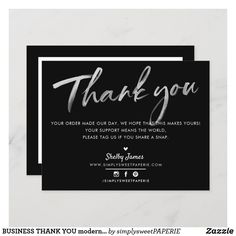 a black and white thank card with the words, thank you