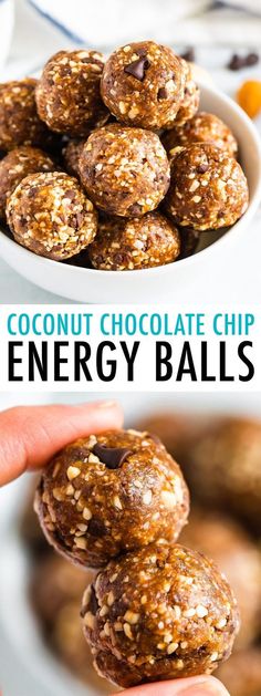 chocolate chip energy balls stacked on top of each other in a white bowl with text overlay