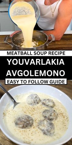 a woman pours some liquid into a bowl of meatballs in a white sauce