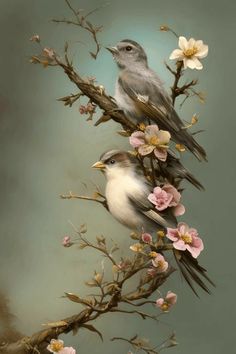 two birds sitting on top of a tree branch with pink and white flowers in the background