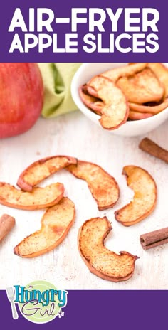 an apple slice cut into pieces with cinnamon sticks and apples in the background