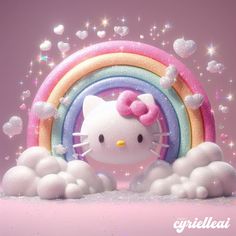 the hello kitty is standing in front of a rainbow and clouds with hearts floating around