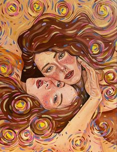 a painting of two women hugging each other with colorful circles around them in the background