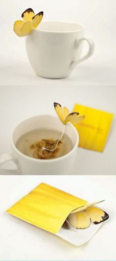 two photographs of yellow butterflies in a white cup and saucer with spoons on the side