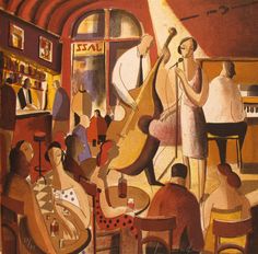 a painting of people playing instruments in a bar