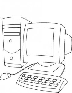 a black and white drawing of a computer with a keyboard, mouse and monitor on it