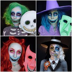 four pictures of people in halloween costumes with different colored hair and makeup make - up