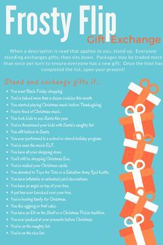 the frosty flip gift exchange flyer with orange and white presents on it, in front of a blue background