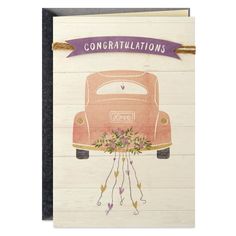 congratulations card with an old car and flowers