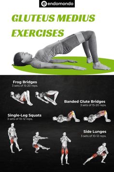 an image of a woman doing exercises on her stomach and back with the words gluteus medius exercises