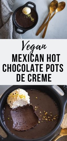 mexican hot chocolate pots with whipped cream on top and spoons next to it, in a cast iron skillet