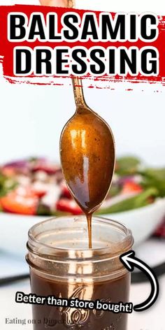 balsamic dressing being drizzled on a spoon