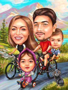 a family caricature with two children and a cat sitting on the back of a bike