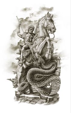 a black and white drawing of a man on a horse with a snake around his neck