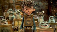 an animated movie character holding a sign that says watch movie online with monsters in the background