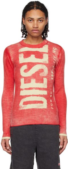 Rib knit wool sweater. Bleached effect throughout. · Crewneck · Logo graphic printed at front Supplier color: Red Crewneck Sweater, Ribbed Sweater Outfit, Red Sweater Outfit, Diesel Clothing, Aesthetic Outfits Men, Chic Leather, Knit Sweater, Knitwear Men, Ribbed Sweater