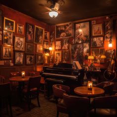 a room with many pictures on the wall and a piano in the center, surrounded by chairs