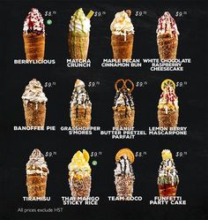 an ice cream sundae is shown with different toppings and flavors in each cone