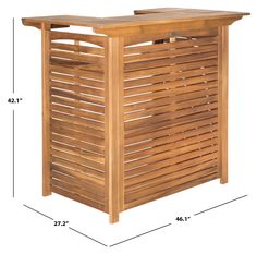 an outdoor wooden bar with measurements for the top and bottom section, including the height