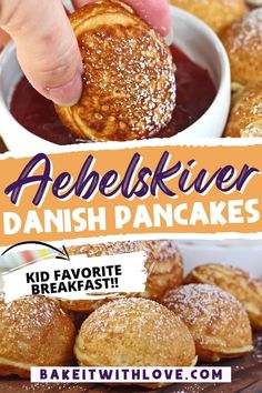 an advertisement for danish pancakes with powdered sugar on top and the words aerbelskiver danish pancakes above it