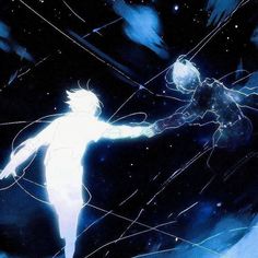 an animated image of two people facing each other in front of stars and the sky