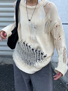 Distressed Crochet Knit Sweater Distressed Crochet, Crochet Knit Sweater, Women Long Cardigan, Beige Pullover, Y2k Aesthetic Outfits, Loose Pullover, Oversized Knitted Sweaters, Sweaters Online, Beige Sweater