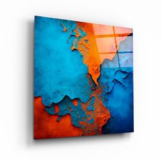 an abstract painting with blue and orange colors