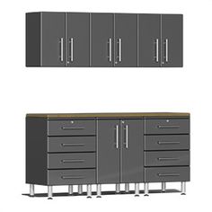 two renderings of an office cabinet with drawers and cabinets on one side, the other side is empty