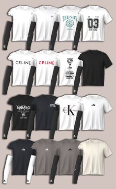 many different types of t - shirts are shown in this image, including black and white