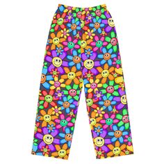 Introducing the Happy Flowers Wide Leg Unisex Pants! Say goodbye to tight-fitting jeans and hello to comfort. Enjoy the relaxed, stylish silhouette of these wide-leg pants made with an elastic waistband and white drawstring for adjustable fit. Featuring practical side pockets and made from premium knit mid-weight jersey fabric, these trousers are as soft and stretchy as your favorite pajamas with the added benefit of being a fashionable choice for any occasion. Made with 95% polyester and 5% ela Fitting Jeans, Unisex Pants, Happy Flowers, Contemporary Chic, Pantalon Large, Stepping Out, The Happy, Casual Wardrobe, Jersey Fabric