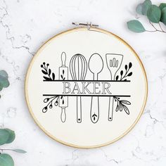 a cross stitch pattern with the words baker on it and utensils in black