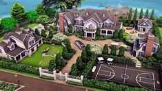 this is an aerial view of a large house with tennis court in the front yard