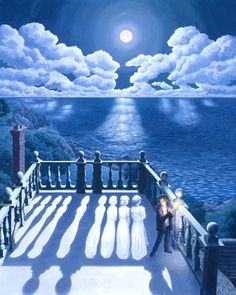 a painting of people standing on a balcony overlooking the ocean at night with clouds in the sky