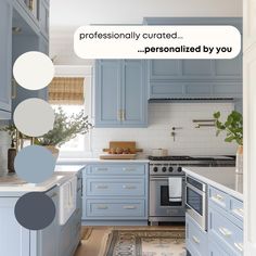 a kitchen with blue cabinets and white counter tops is featured in the article professionally curated personalized by you