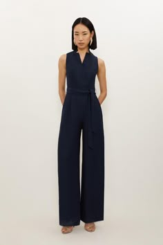 Fluid Tailored Notch Neck Belted Straight Leg Jumpsuit Donna From Suits Dresses, Interesting Work Outfits, Formal Outfits For Masc Women, Linen Work Outfit, Elegant Jumpsuit Classy, Modern Corporate Attire Women, Wedding Guest Jumpsuit, Workwear Jumpsuit, Law Fashion