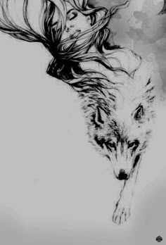 a drawing of a woman and a wolf