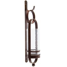 a wall mounted candle holder with two candles on it's sides and a chain hanging from the back