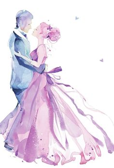 a watercolor painting of two people dressed in formal wear