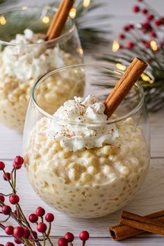 eggnog tappisa pudding in a glass bowl with cinnamon sticks